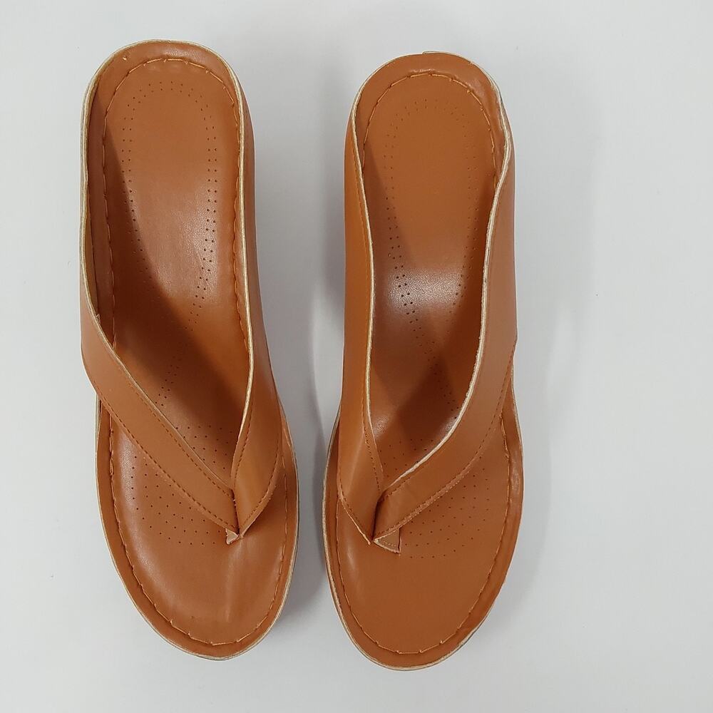 Women's Tan Brown Thong Mule Heels Slide Sandals Block Heel Size EU 43 Us 12 - Picture 3 of 15